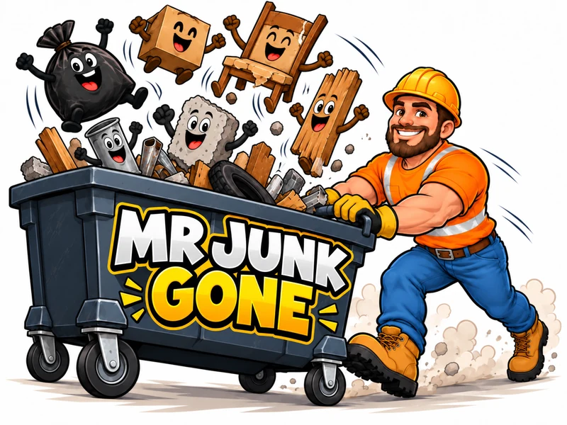 Mr. Junk Gone cartoon worker pushing a branded dumpster as cheerful junk characters jump inside